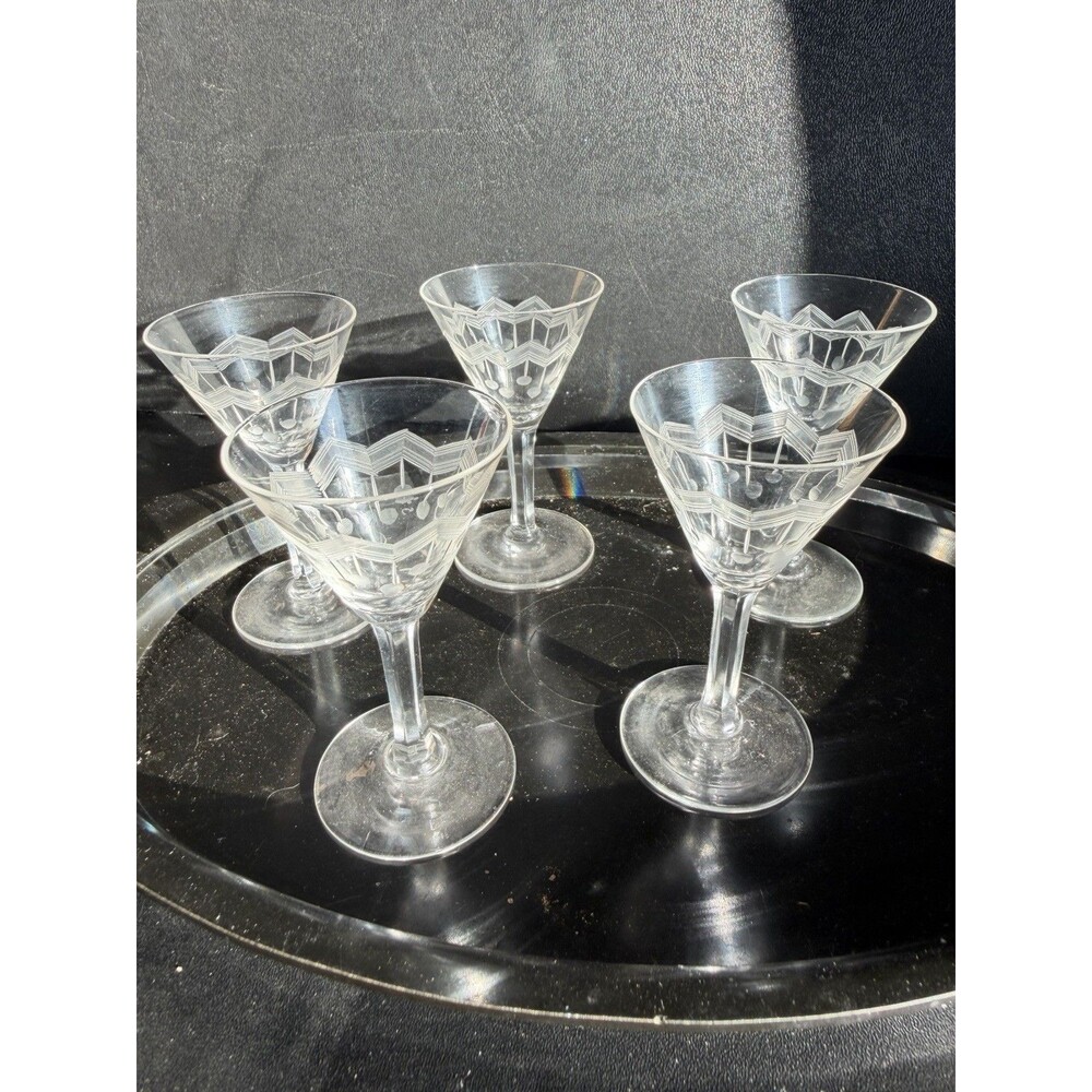 Set of 5 Vintage Art Deco Etched Crystal Cocktail/Sherry Glasses